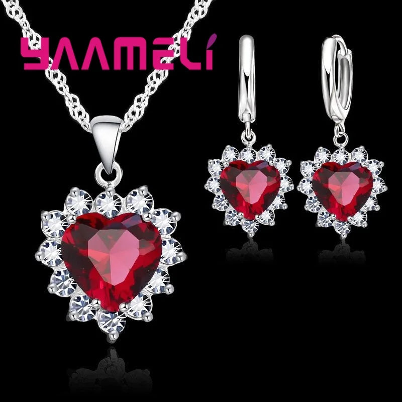 LINO Trendy 925 Sterling Silver Jewelry Set for Women Heart CZ Stone Charm Pendants Necklaces Earrings LOVE Anniversary Gift
