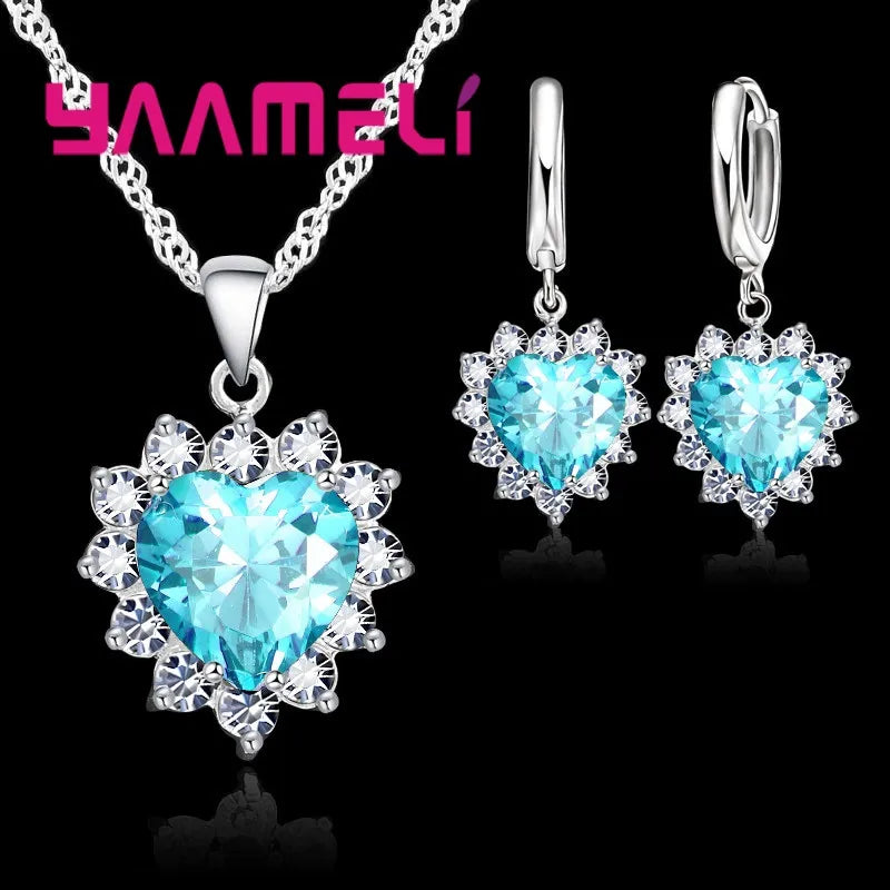 LINO Trendy 925 Sterling Silver Jewelry Set for Women Heart CZ Stone Charm Pendants Necklaces Earrings LOVE Anniversary Gift