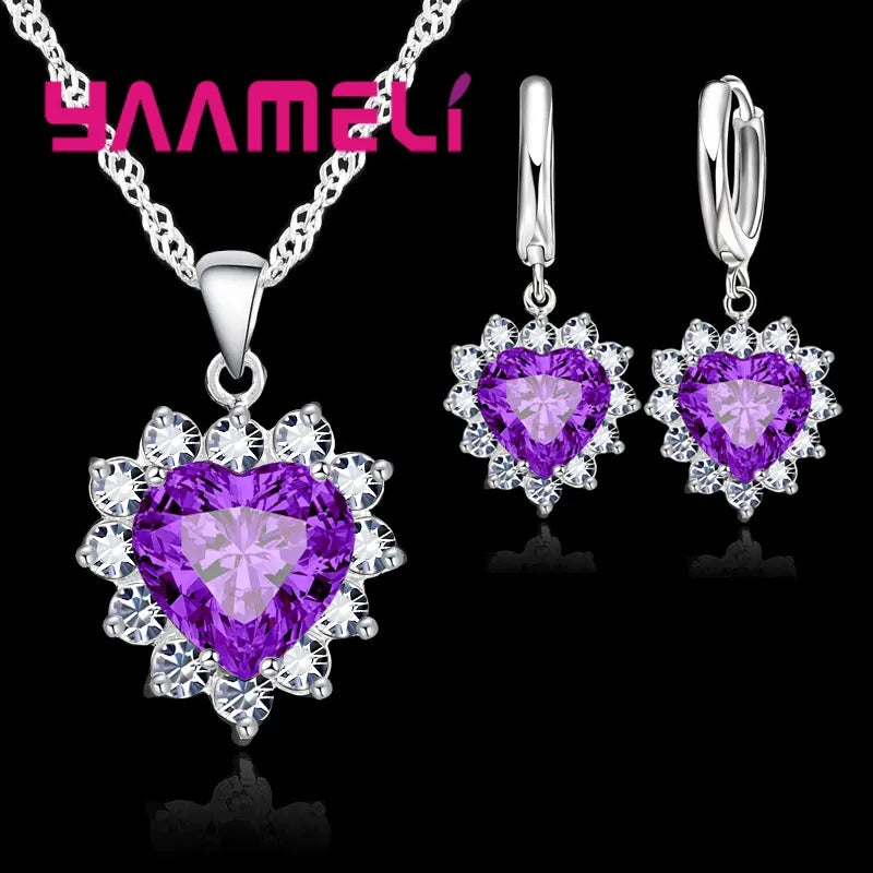 LINO Trendy 925 Sterling Silver Jewelry Set for Women Heart CZ Stone Charm Pendants Necklaces Earrings LOVE Anniversary Gift
