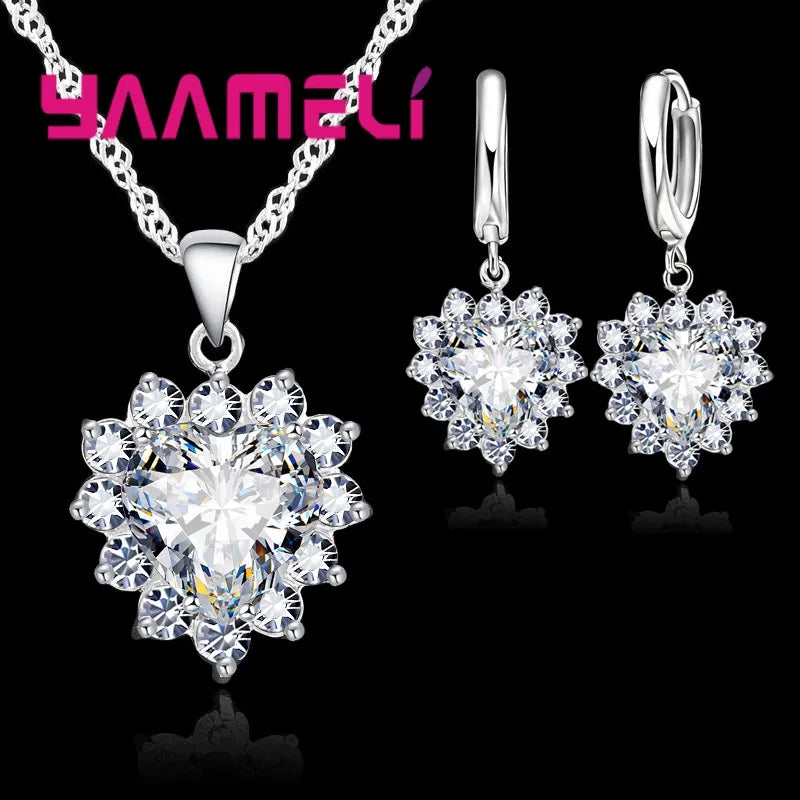 LINO Trendy 925 Sterling Silver Jewelry Set for Women Heart CZ Stone Charm Pendants Necklaces Earrings LOVE Anniversary Gift