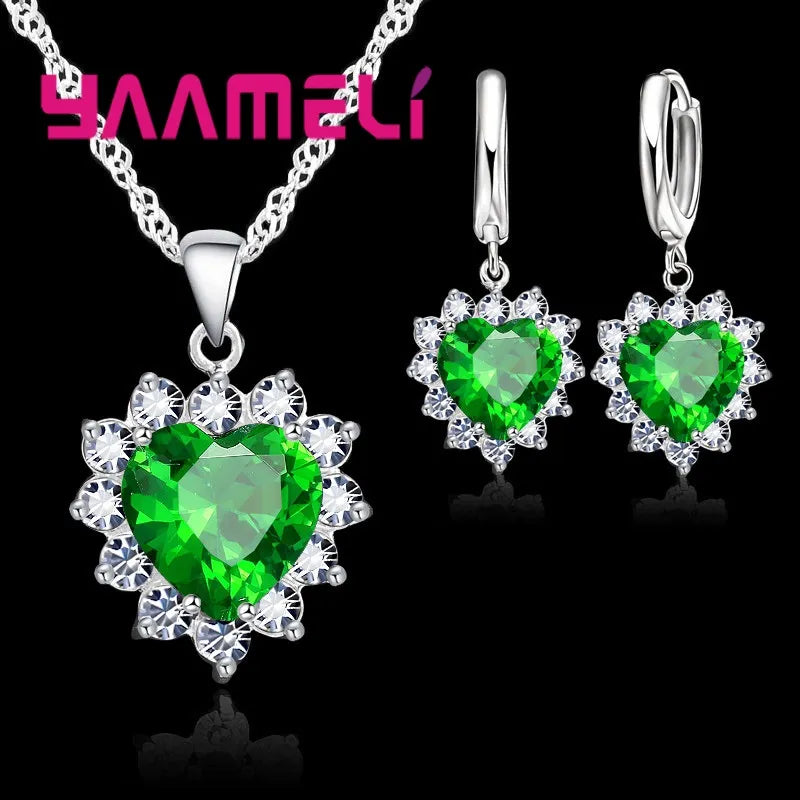 LINO Trendy 925 Sterling Silver Jewelry Set for Women Heart CZ Stone Charm Pendants Necklaces Earrings LOVE Anniversary Gift