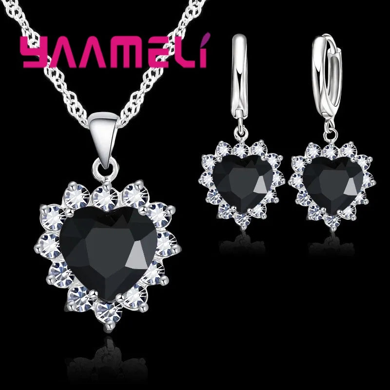 LINO Trendy 925 Sterling Silver Jewelry Set for Women Heart CZ Stone Charm Pendants Necklaces Earrings LOVE Anniversary Gift