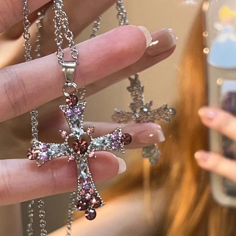 LINO Y2K Zircon Cross Necklace